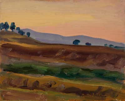 Simple Corinthian Landscape, Sunset — Oil painting, Fiberboard, 22.00×27.00cm — Theodoros Markellos